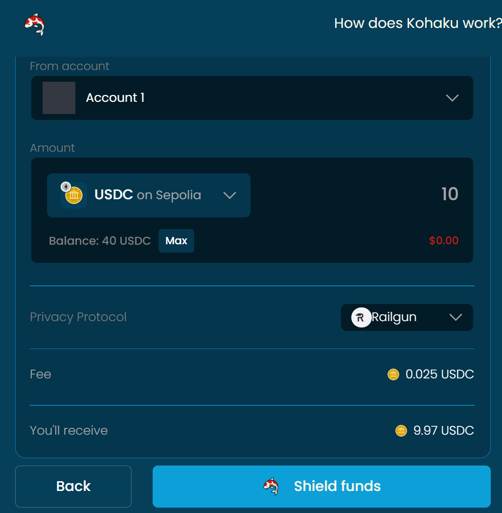 Kohaku Wallet 通过 Railgun 将公开 USDC Shield 到隐私账户